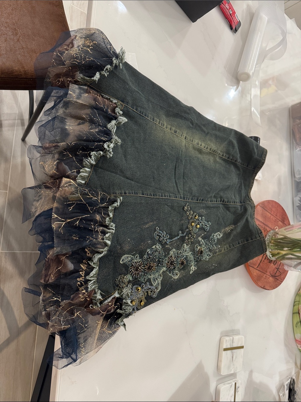 Embroidered Denim Ruffle Skirt size small with Navy /rose gold Tulle Trim.